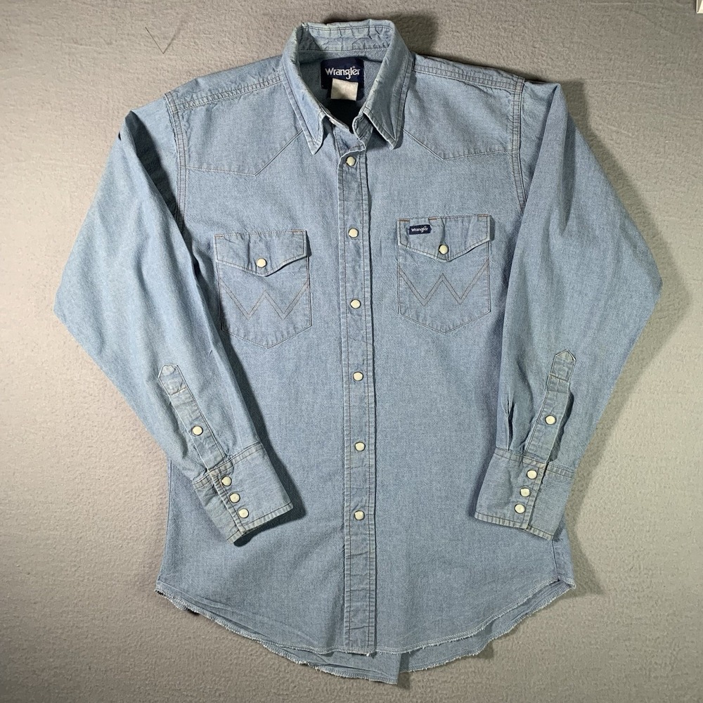 Vtg Wrangler Denim Pearl Snap Shirt Men's 15.5x33" Chest Western Yoke Blue 80s